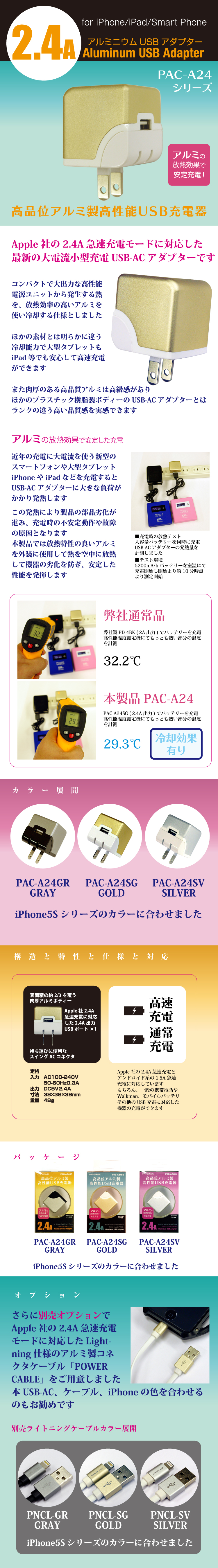 PROTEK PAAC-A24V[Y  A~{fB[ŃJbR悭Ă{̂MȂɂM^Cv2.4Aeʋ}[dUSB-ACA_v^[BiPhone5sƓ3F܂