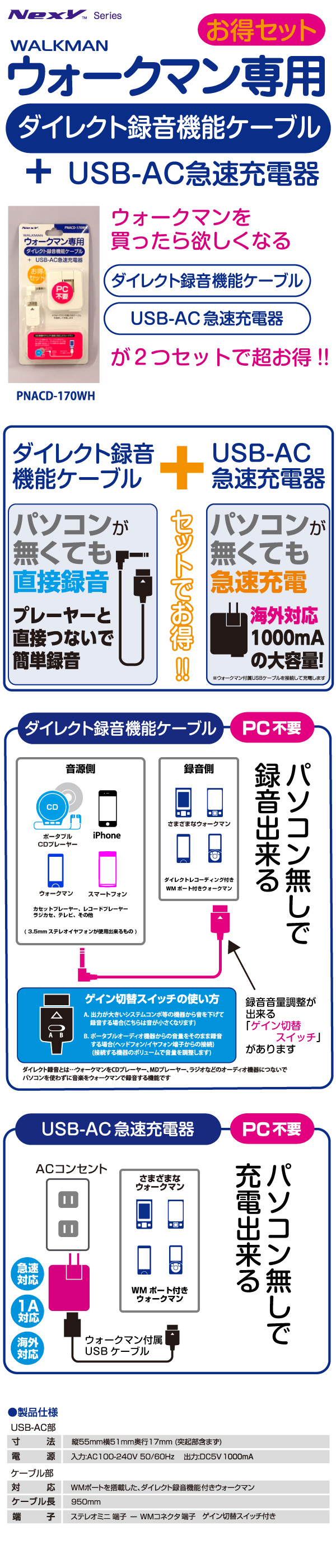 Protek ウォークマン専用ダイレクト録音機能ケーブルプラスusb Ac急速充電器 Pnacd 170wh